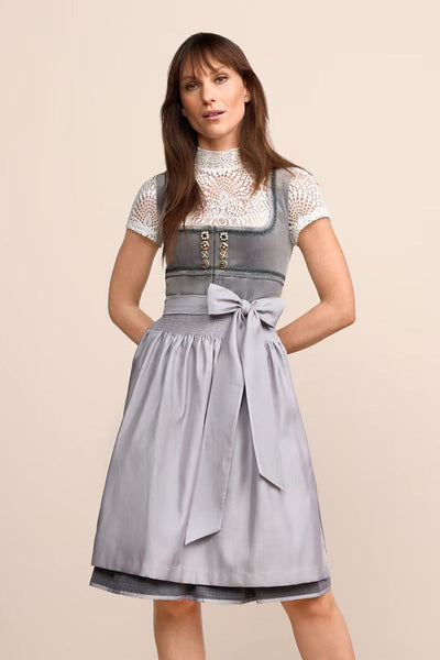 Kruger Midi Dirndl 2pcs "Milda" in gray with knee-length skirt and plain apron.
