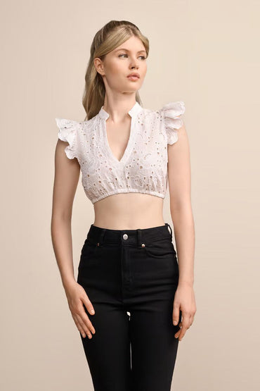 Kruger Dirndl Blouse "Olessa" in ecru with openwork pattern and flounce sleeves.