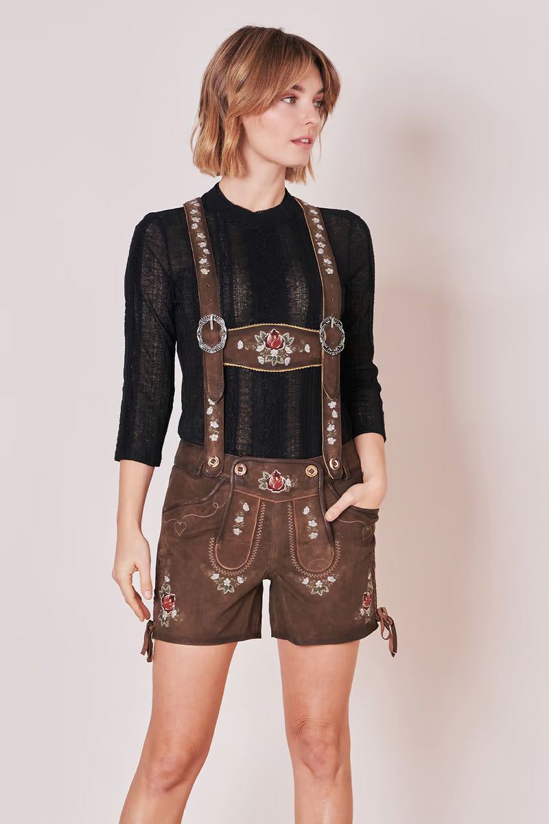 Kruger Woman's Lederhosen "Jorina" brown with floral embroidery and suspenders.