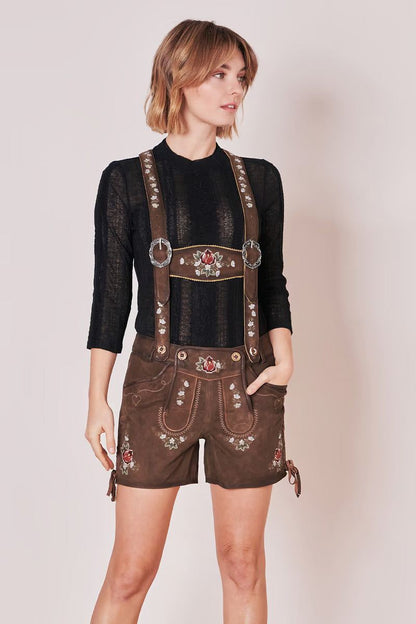 Kruger Woman's Lederhosen "Jorina" brown with floral embroidery and suspenders.