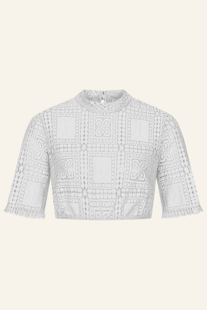Elegant gray Kruger Dirndl Blouse "Larene" with lace, high-neck collar, and short sleeves.