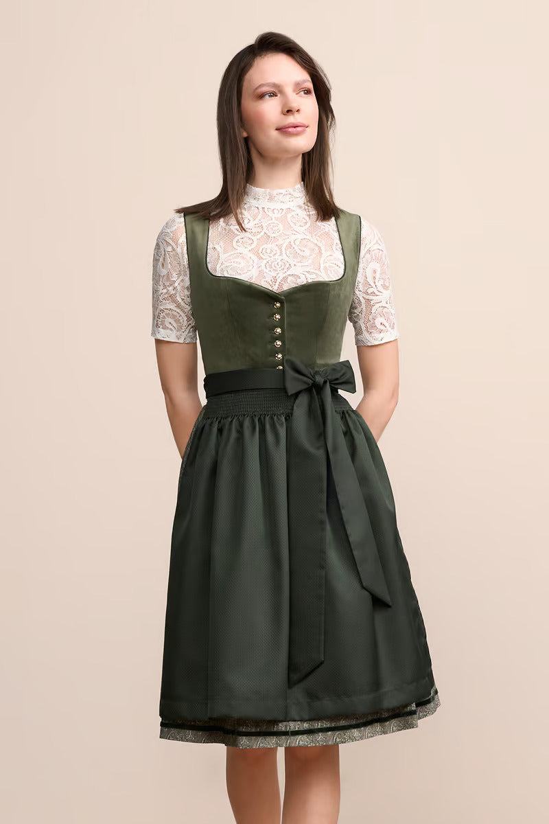 Kruger Midi Dirndl Iny in green, featuring a sweetheart neckline and elegant design with a knee-length skirt and apron.