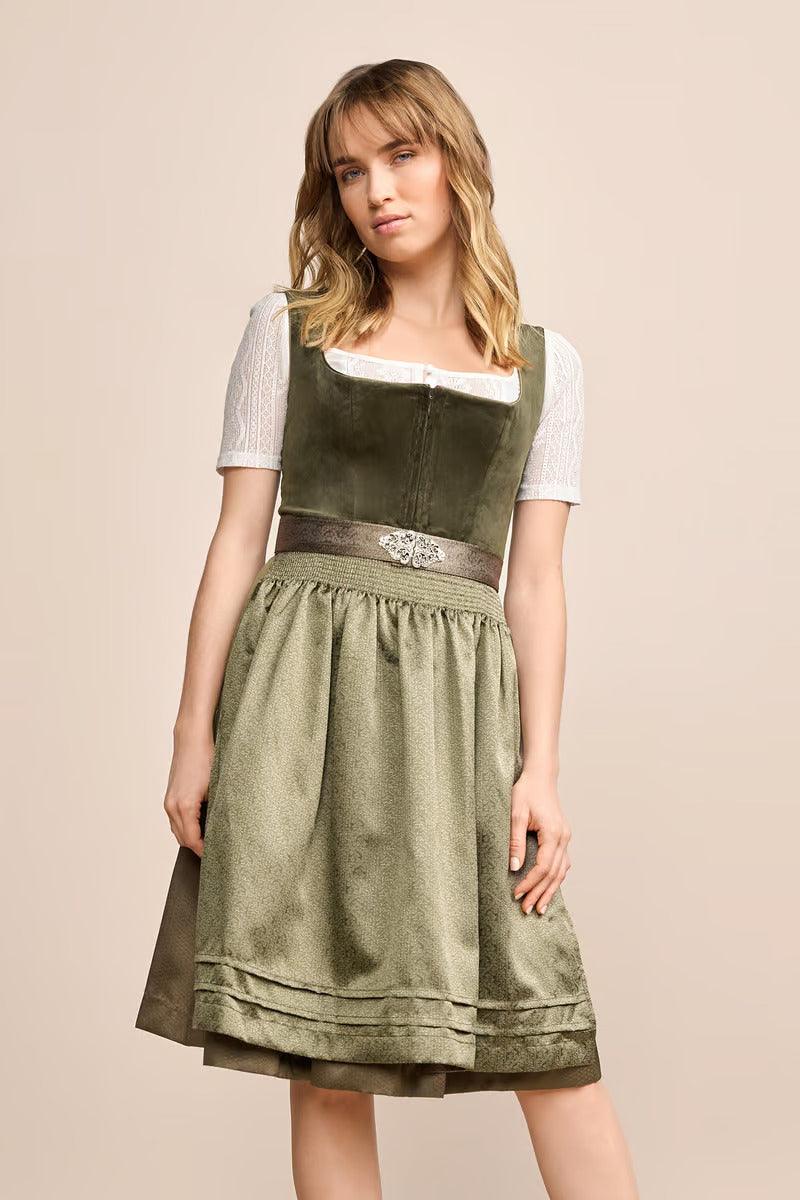 Kruger Midi Dirndl Aurela in green with velvet bodice and delicately patterned skirt.