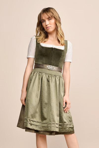 Kruger Midi Dirndl Aurela in green with velvet bodice and delicately patterned skirt.