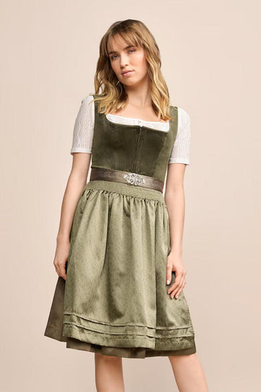 Kruger Midi Dirndl Aurela in green with velvet bodice and delicately patterned skirt.