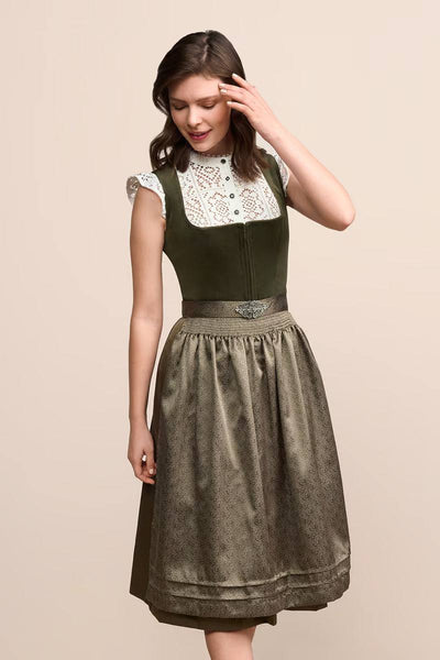 Kruger Long Dirndl in green with velvet bodice and ornamental apron.