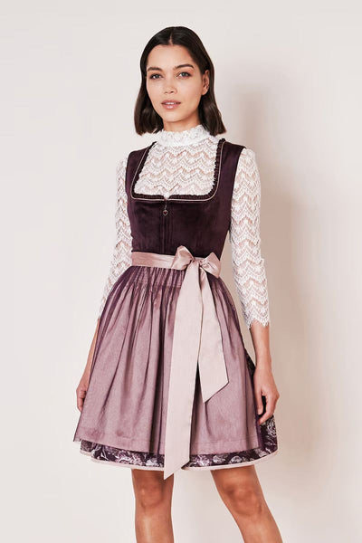 Kruger Mini Dirndl "Joelina" in berry color with velvet bodice and floral skirt, 50cm length.