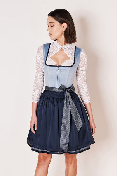 Kruger Mini Dirndl 2pcs "Dena" blue with sweetheart neckline and velvet bodice, 50cm skirt length.