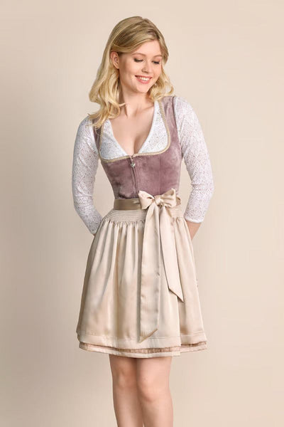Kruger Midi Dirndl Dena in pink with sweetheart neckline and velvet bodice, featuring a 60cm skirt and apron.
