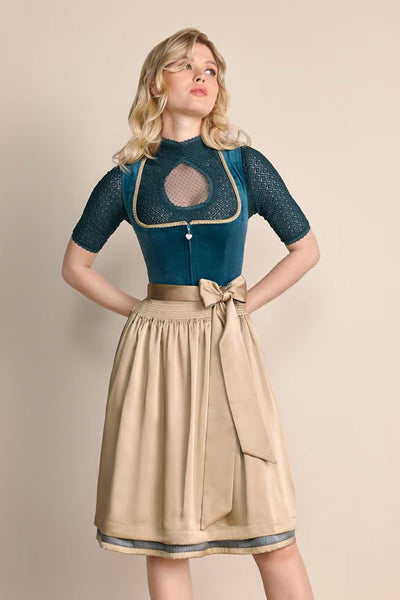Turquoise Kruger Midi Dirndl Dena with sweetheart neckline and simple apron.