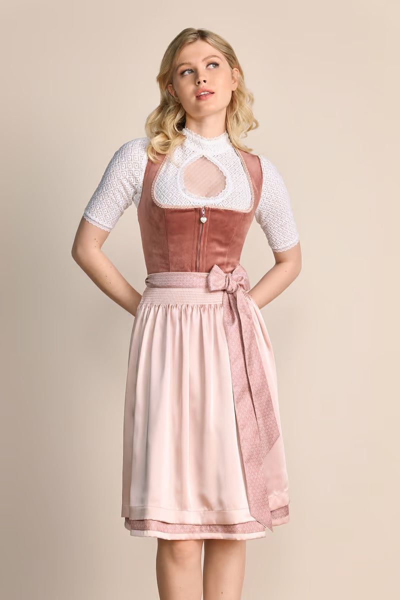 Kruger Midi Dirndl "Dena" in red with velvet bodice, front zip, and simple apron, 60cm skirt length.