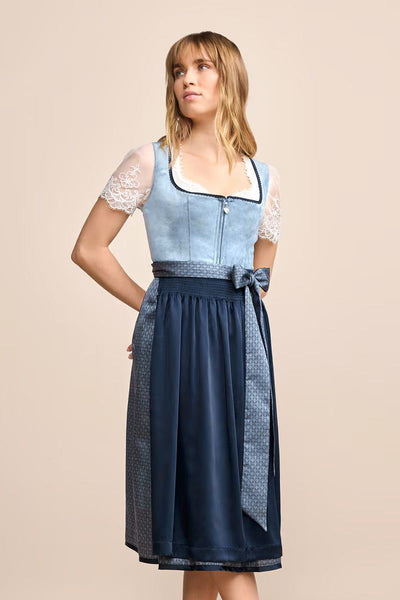 Kruger Long Dirndl 2pcs "Dena" in blue, velvet bodice, 70cm skirt, sweetheart neckline.