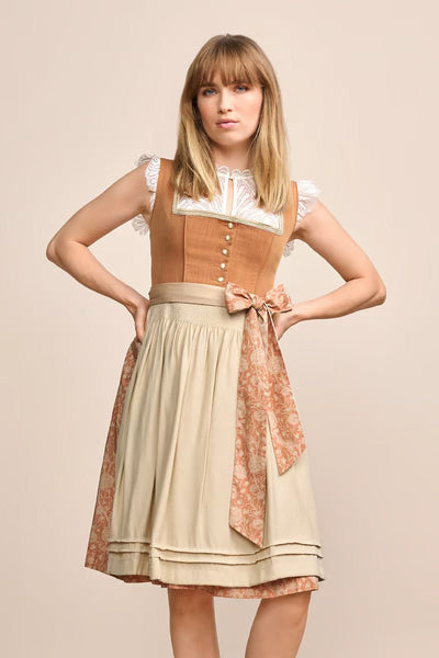 Kruger Midi Dirndl "Jelva" in brown with playful patterns and sweetheart neckline, featuring buttons and delicate floral skirt.