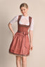 Kruger Mini Dirndl Marielle in red, featuring sweetheart neckline and decorative trim, 50cm skirt with diamond pattern and shimmering apron.