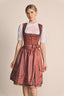 Kruger Midi Dirndl "Marielle" in red with sweetheart neckline and decorative trim, worn by a model, 60cm skirt length.