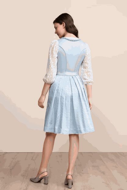 Kruger Midi Dirndl 2pcs. 60cm "Lemonie" green, elegant traditional dress with floral skirt and plain apron.