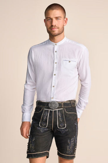 Krueger "Matti" white long sleeve shirt with stand-up collar and button closure.