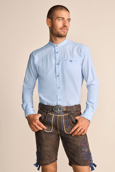Blue Krueger Traditional "Matti" long sleeve shirt with button closure and stand-up collar.