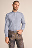 Krueger Traditional "Sören" gray long sleeve shirt with stand-up collar and decorative embroidery, 100% cotton.