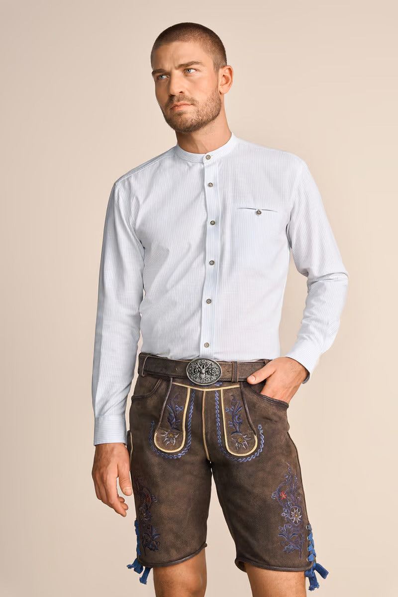 Krueger Traditional Long Sleeve Shirt "Marcin" in blue with stand-up collar and button details.