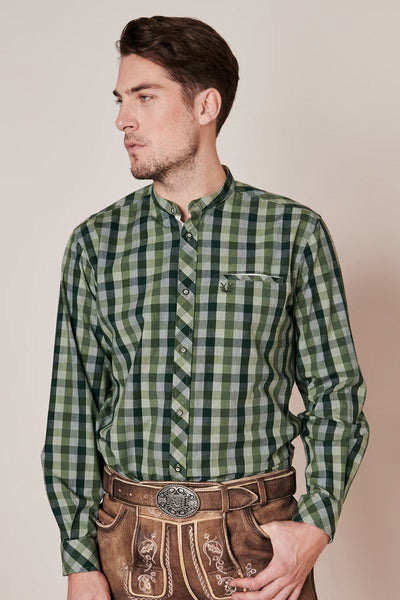 Krueger Traditional Long Sleeve Shirt "Flavio" green plaid pattern with breast pocket.