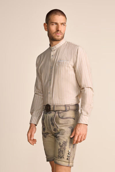 Krueger Traditional "Samir" beige long sleeve shirt with stripes, stand-up collar, and button placket.