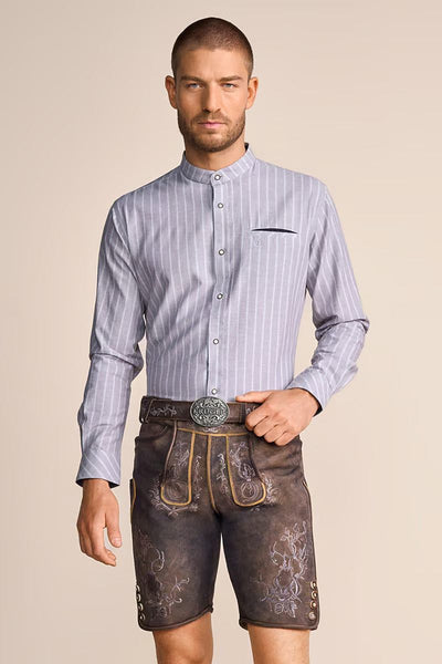 Krueger Traditional Long Sleeve Shirt "Samir" in gray with elegant stripes and stand-up collar.