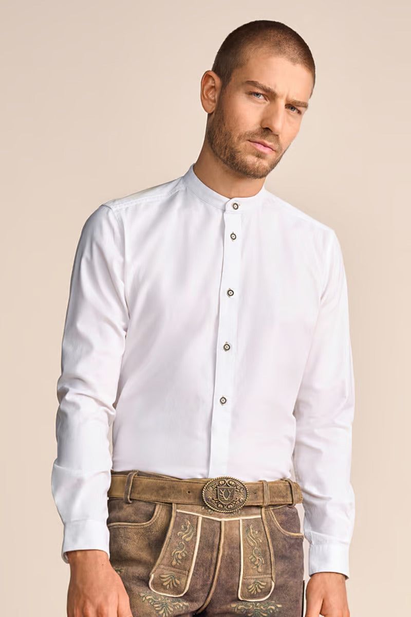 Krueger Traditional Long Sleeve Shirt "Frieder" in white with button details and round neckline.