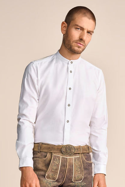 Krueger Traditional Long Sleeve Shirt "Frieder" in white with button details and round neckline.
