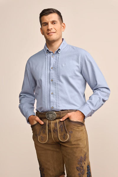 Krueger Traditional Shirt "Bent" in blue with button placket, Kent collar, and cuff embroidery.