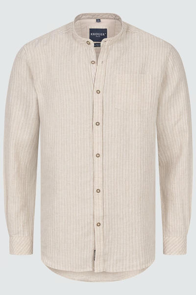 Krueger Traditional Shirt "Corwin" in beige with stand-up collar, round neck, long sleeves, button placket, and chest pocket.