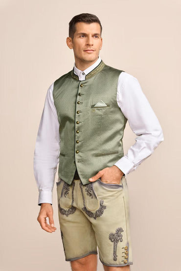 Kruger Traditional Vest "Alec" in green with round neckline and button closure, paired with lederhosen.