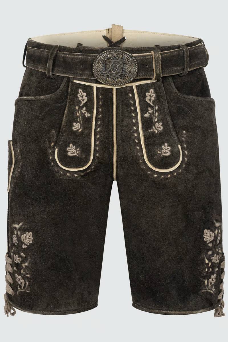 Krüger Men's Lederhosen "Calle" in brown with suspenders, featuring intricate embroidery and premium chamois-tanned leather.