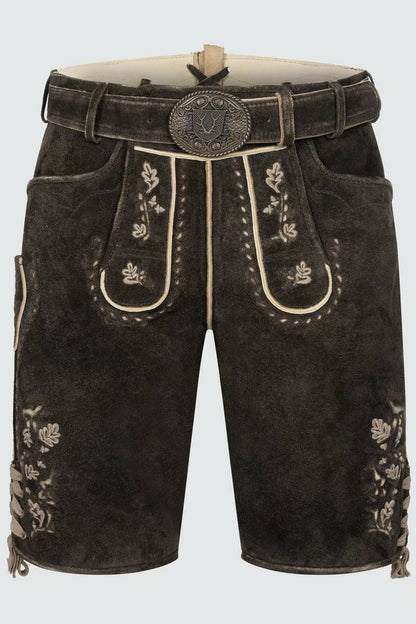 Krüger Men's Lederhosen "Calle" in brown with suspenders, featuring intricate embroidery and premium chamois-tanned leather.