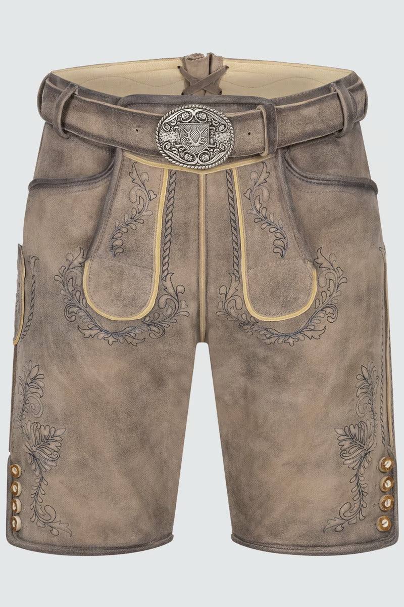 Light brown leather lederhosen with intricate embroidery and matching belt for men.