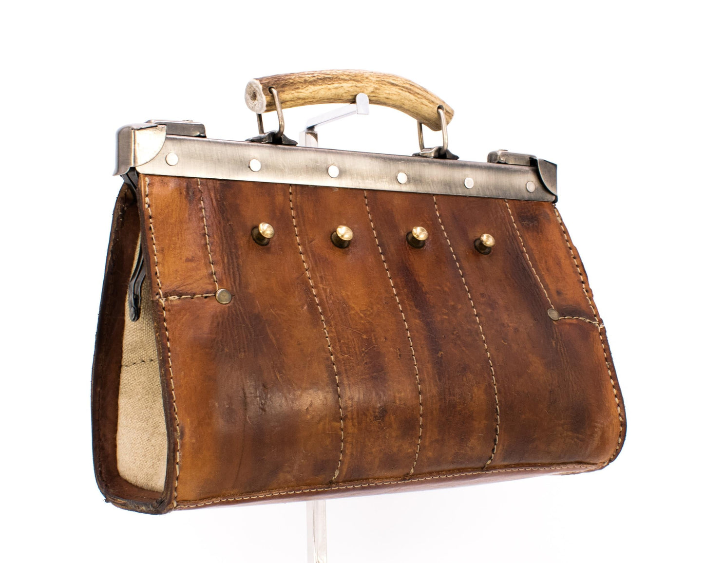 Doctor's bag made of antique material in brown with sailcloth and staghorn handle