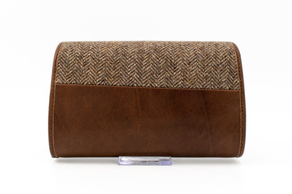 Austrian Brown Nappa Leather & Herringbone Tweed Clutch Purse with Gold Chain Strap