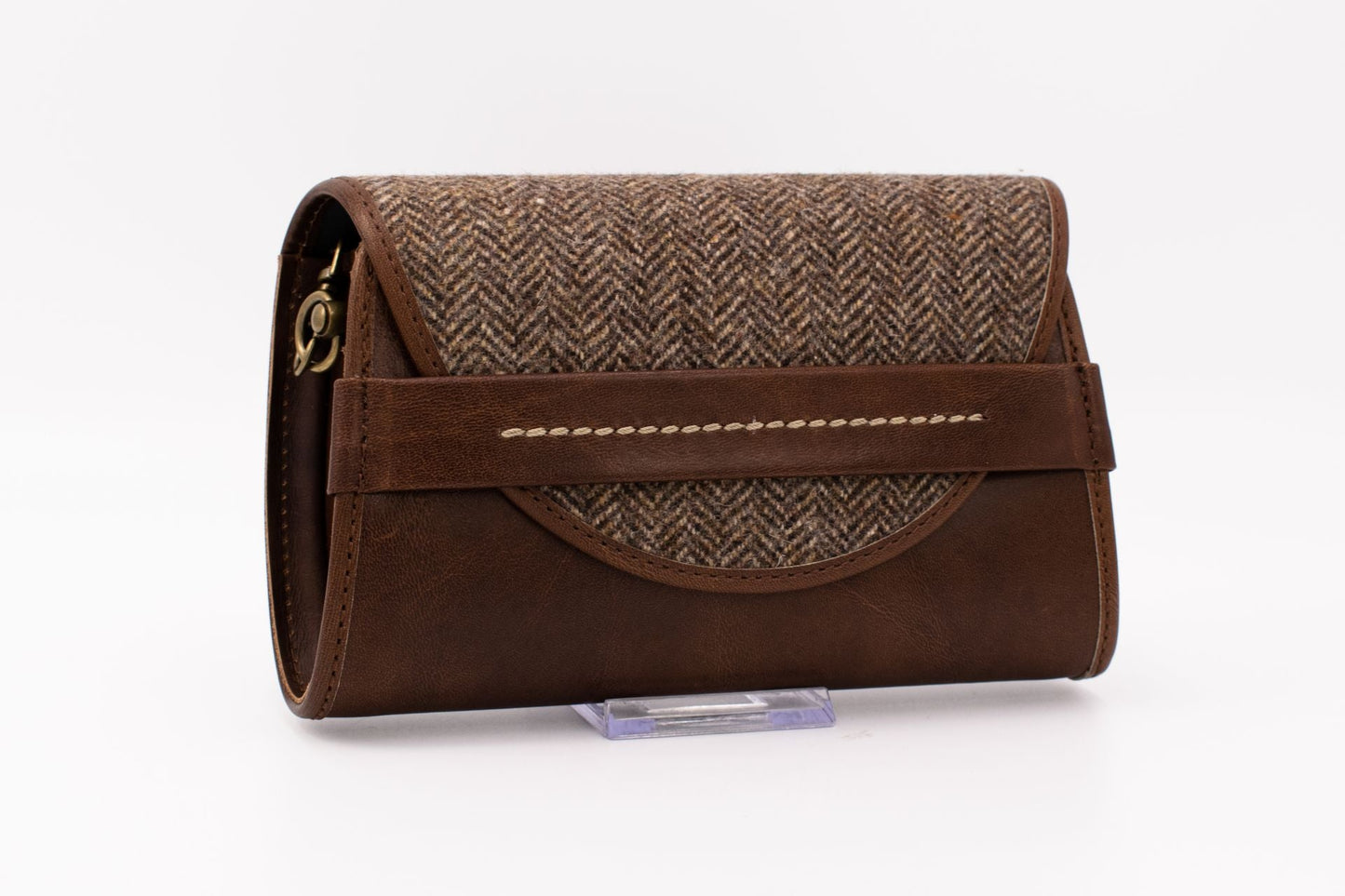 Austrian Brown Nappa Leather & Herringbone Tweed Clutch Purse with Gold Chain Strap