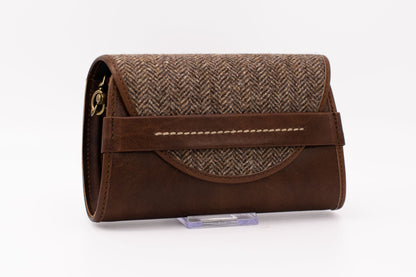 Austrian Brown Nappa Leather & Herringbone Tweed Clutch Purse with Gold Chain Strap