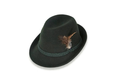 Faustmann Alpine Hat in dark green wool with decorative feather, European made.