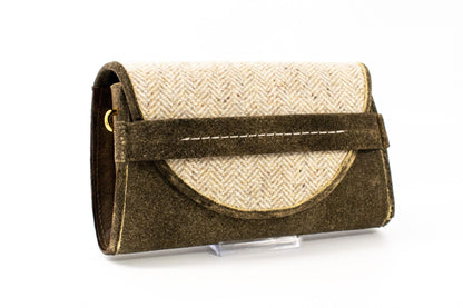 Austrian Olive Deerskin Leather & Woven Tweed Clutch Purse with Gold Chain Strap