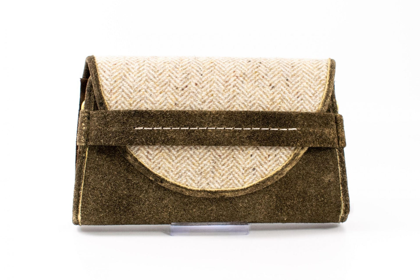 Austrian Olive Deerskin Leather & Woven Tweed Clutch Purse with Gold Chain Strap