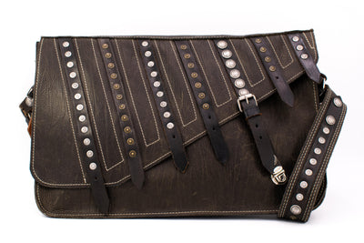Briefcase in brown with antique straps, metal and embroidered decoration
