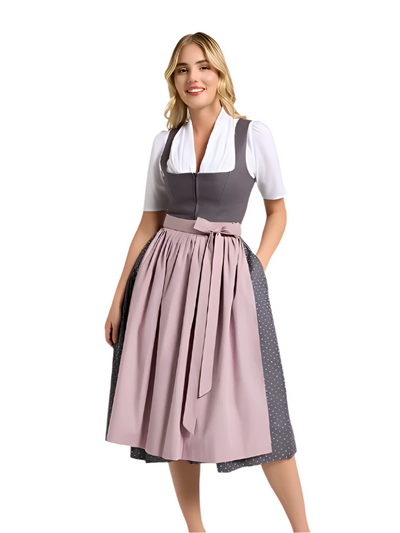 Berwin Maxi Dirndl in anthracite with apron and pleated floral skirt, 75cm length, traditional and modern design.
