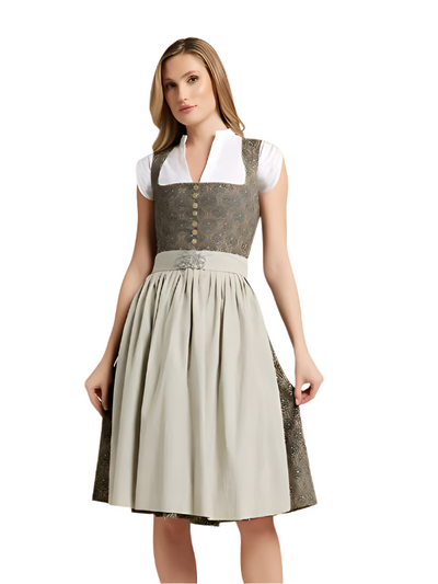 Berwin Long Dirndl 2pcs. in olive, elegant cotton fabric, buttoned design, 70cm skirt with apron.