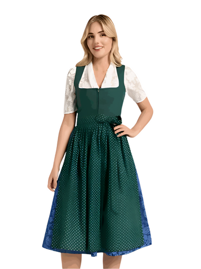 Berwin Maxi Dirndl Anika in green with polka dot skirt and floral print apron, 75cm length.