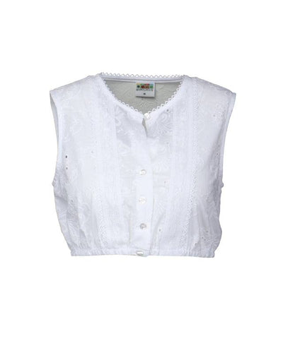 Sleeveless high-neck white Berwin Wolff Dirndl Blouse with lace detailing and button closure.
