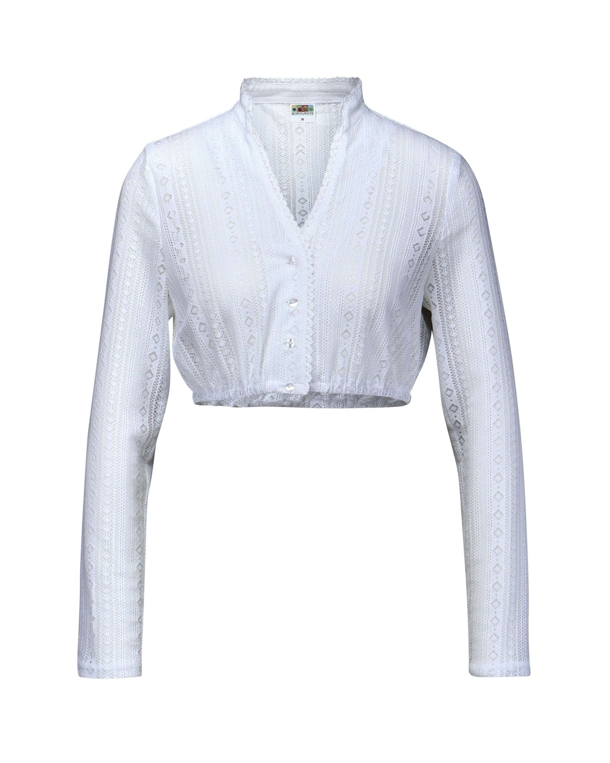 White Berwin Traditional Dirndl lace blouse with stand-up collar and long sleeves, size 42.