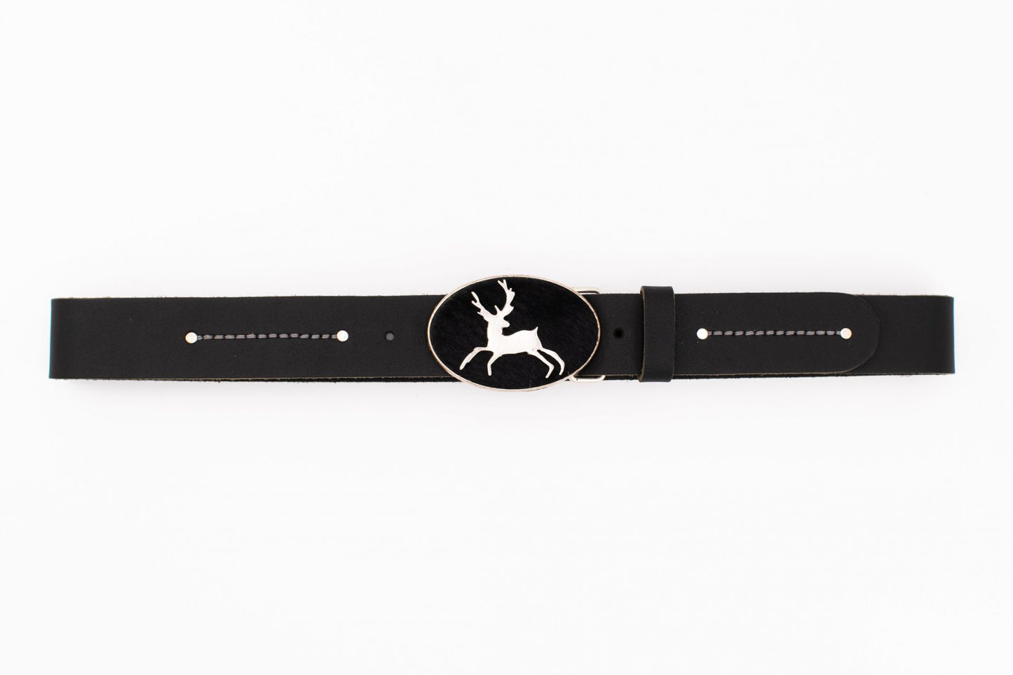 Black Trachten Belt with Deer Buckle and Fur Inlay