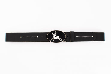 Black Trachten Belt with Deer Buckle and Fur Inlay